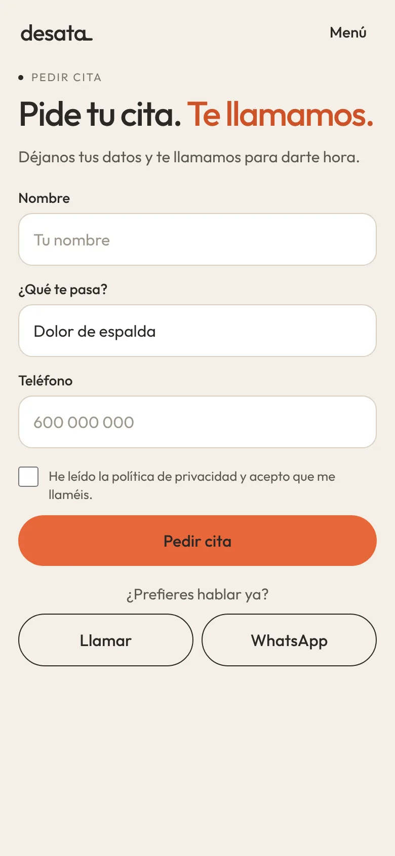 Formulario de cita con el motivo rellenado