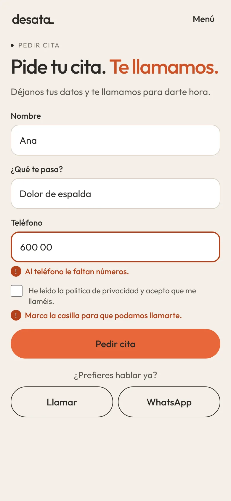 Formulario con error en el teléfono