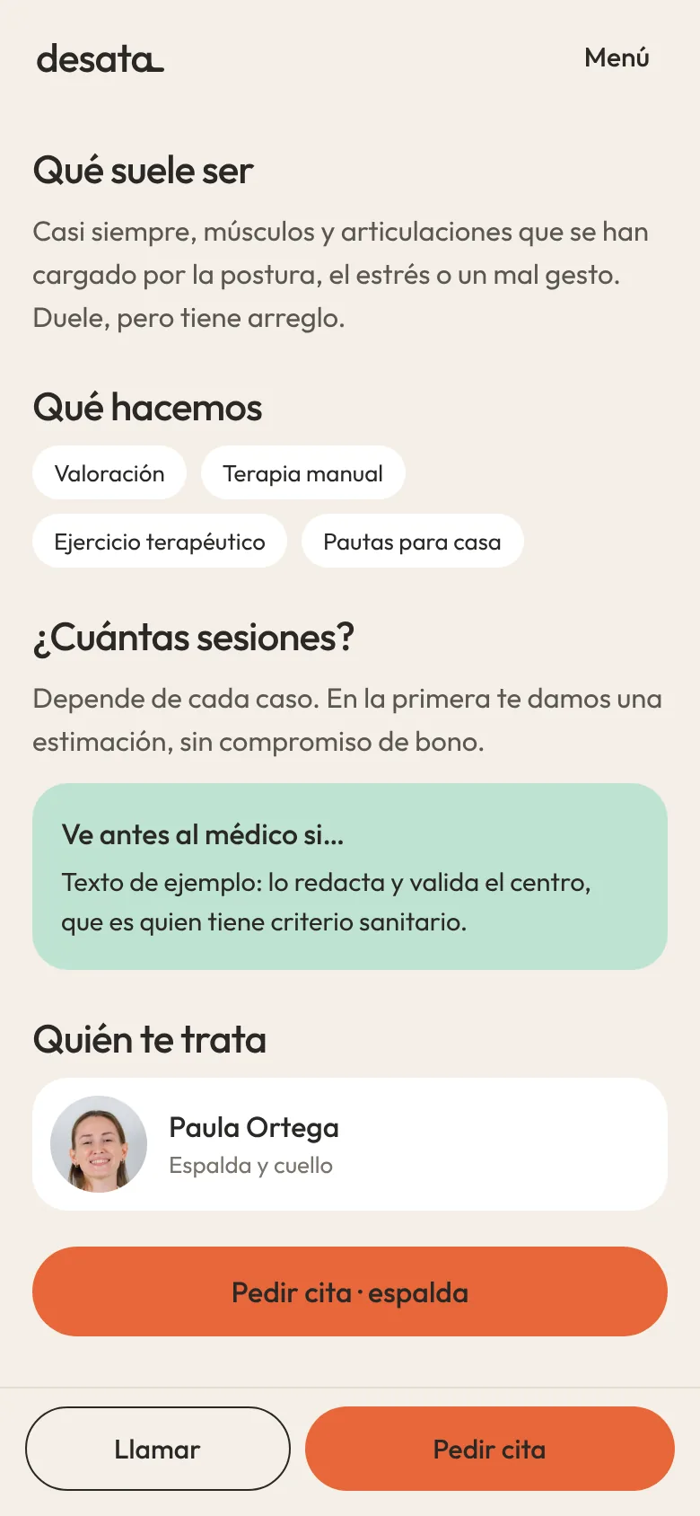 Final de la ficha con la fisio y el botón de cita
