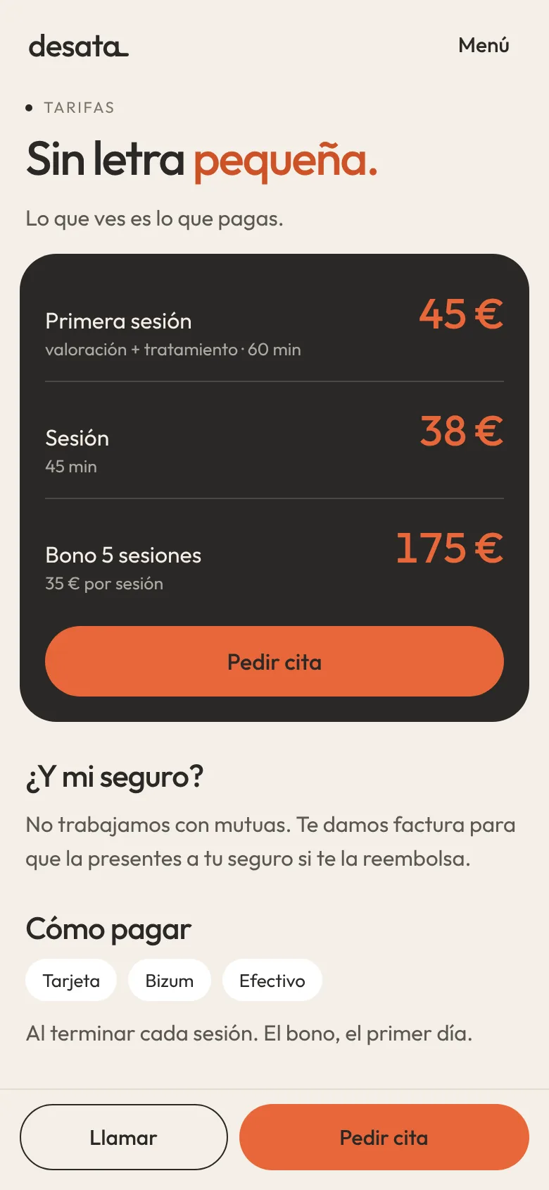 Página de tarifas con precios en bloque oscuro