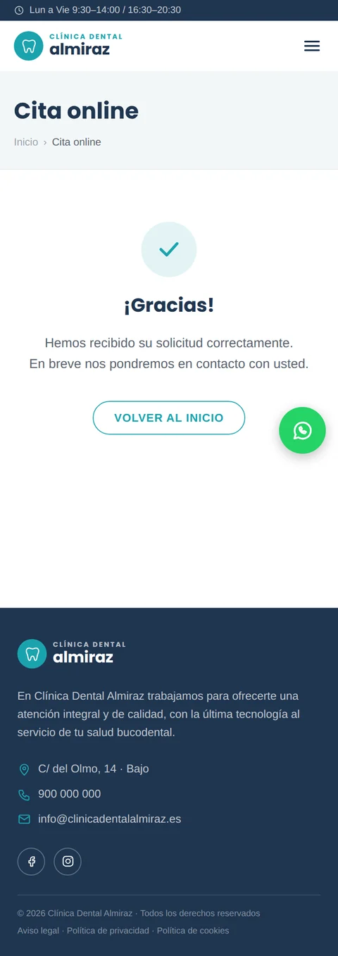 Pantalla «Confirmación» del recorrido de cita de la web ficticia, página completa