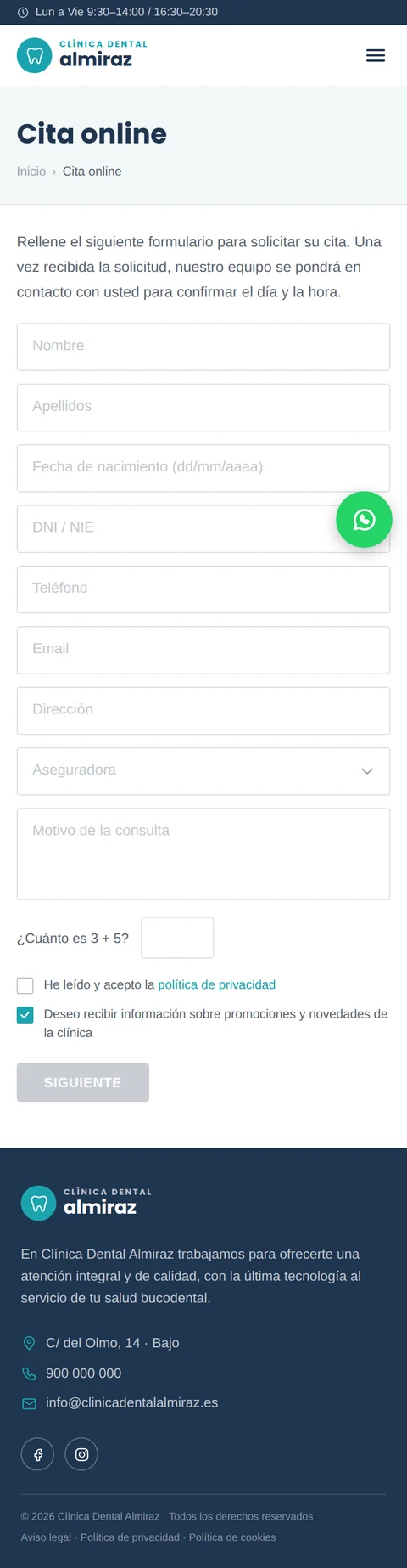 Pantalla «Paso 1» del recorrido de cita de la web ficticia, página completa