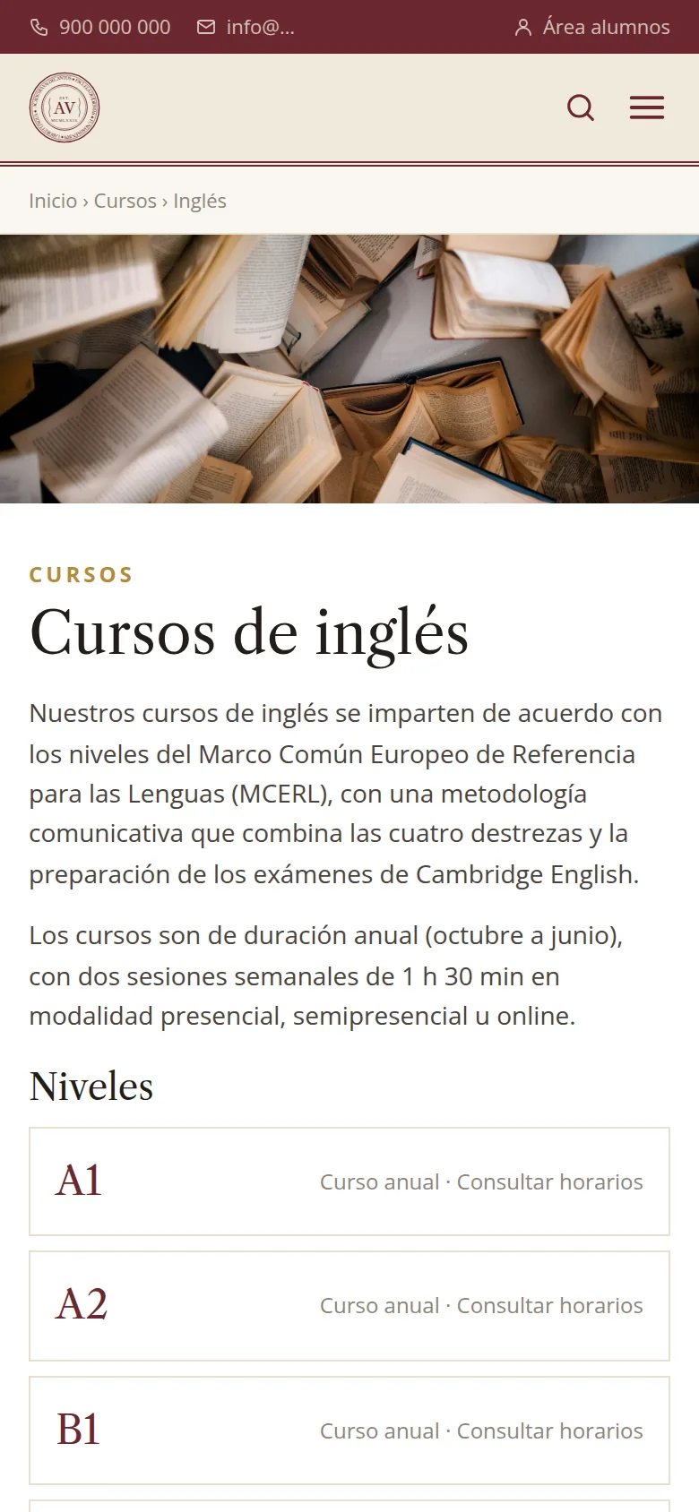 Ficha de cursos original en móvil
