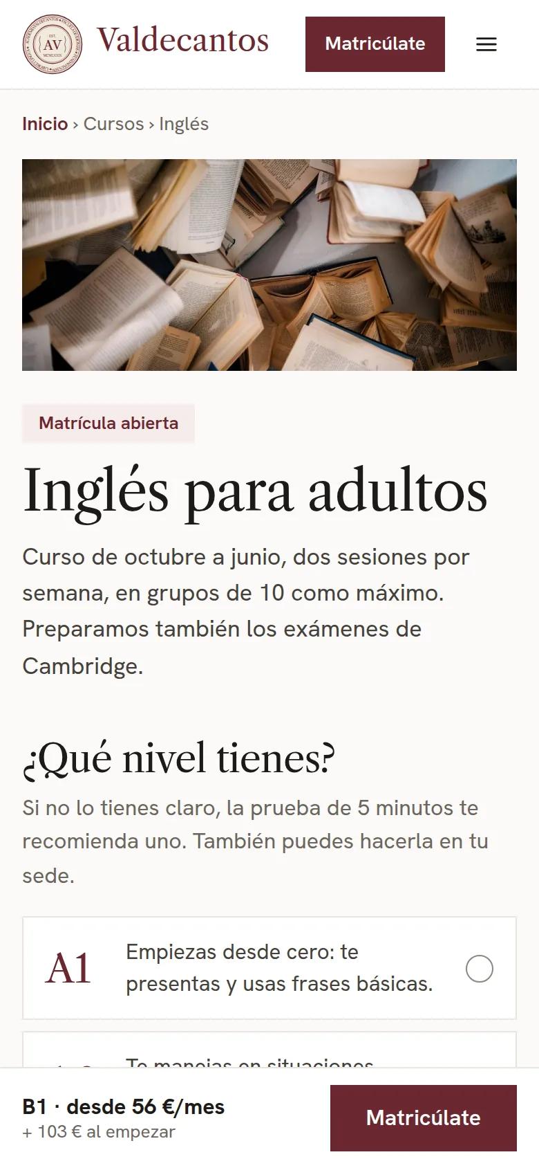 Ficha del curso rediseñada en móvil