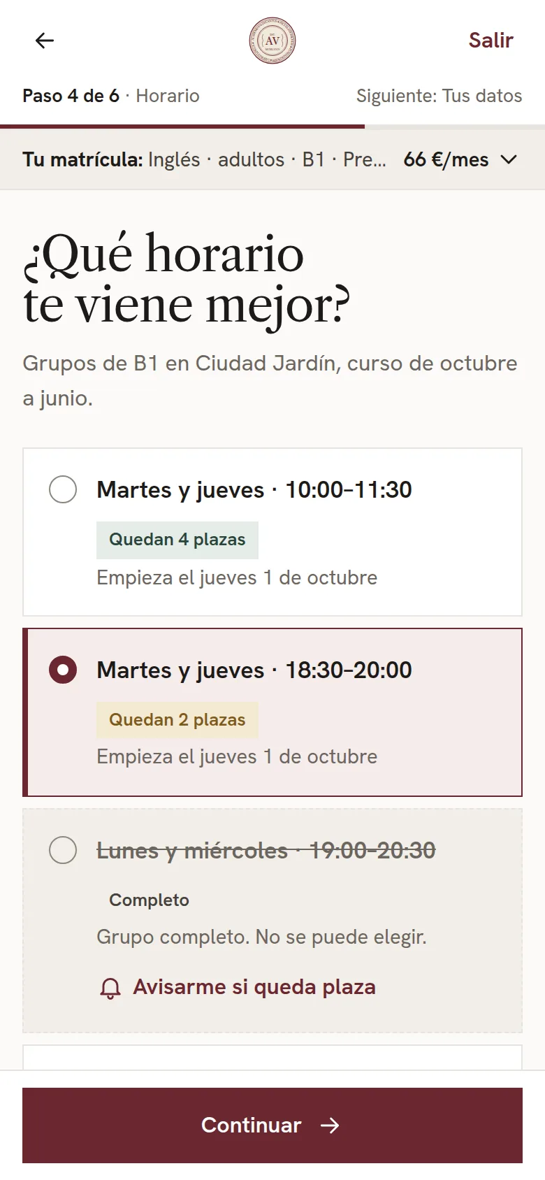Paso de horario con plazas restantes visibles