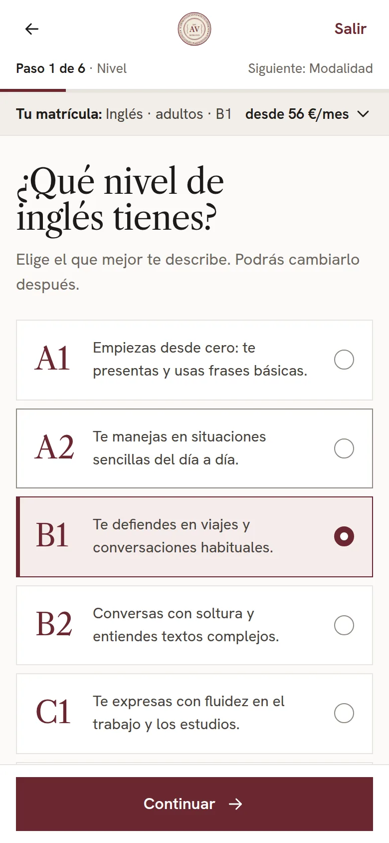 Primer paso del flujo rediseñado: el nivel
