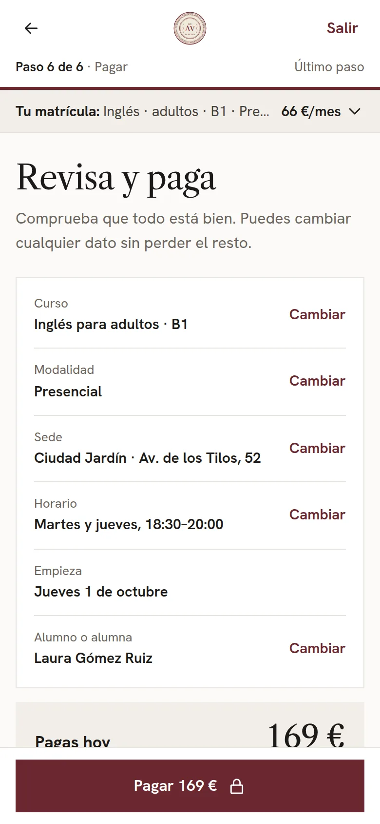 Pantalla de revisar y pagar rediseñada